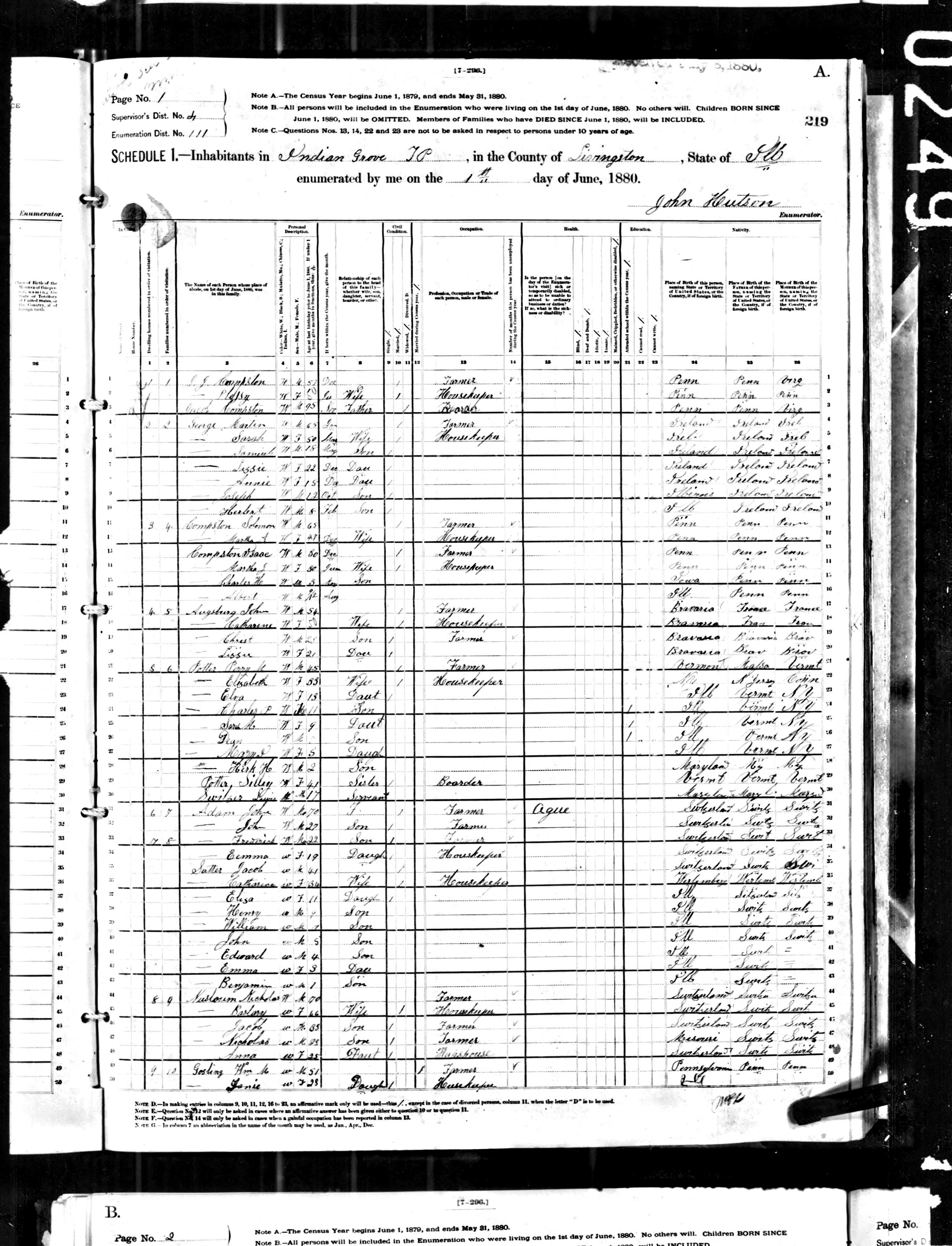 Adam, John - 1880 Census - Livingston, IL